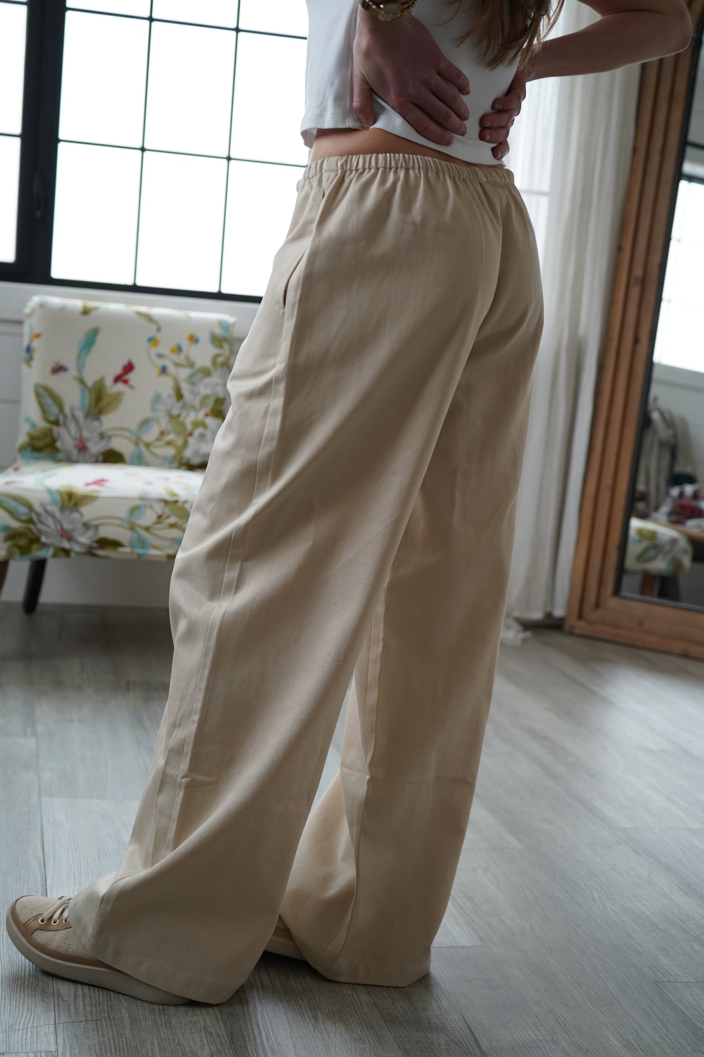Essential Beige Wide-Leg Drawstring Tencel Cotton Trousers