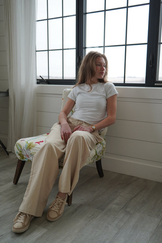 Essential Beige Wide-Leg Drawstring Tencel Cotton Trousers