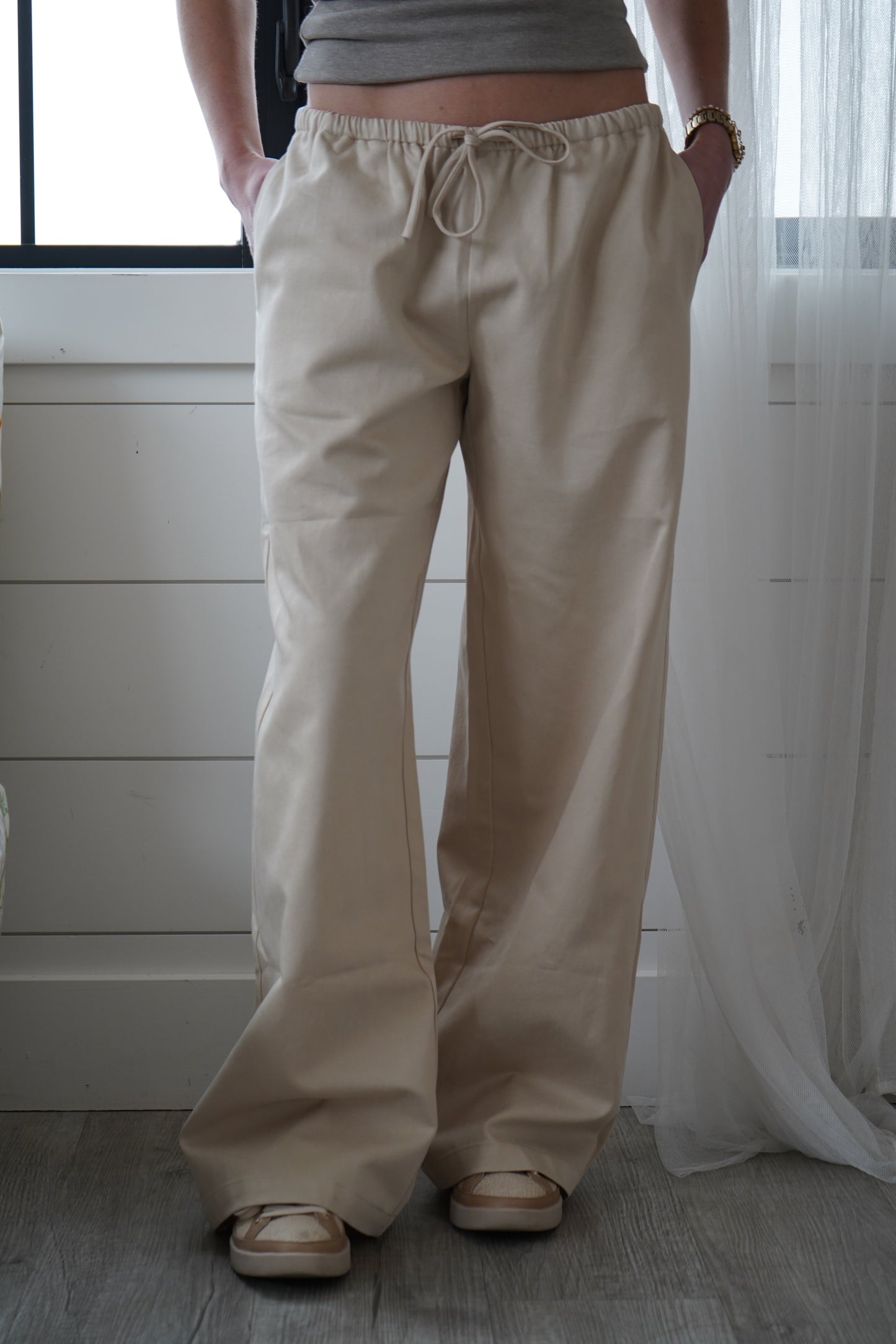 Essential Beige Wide-Leg Drawstring Tencel Cotton Trousers
