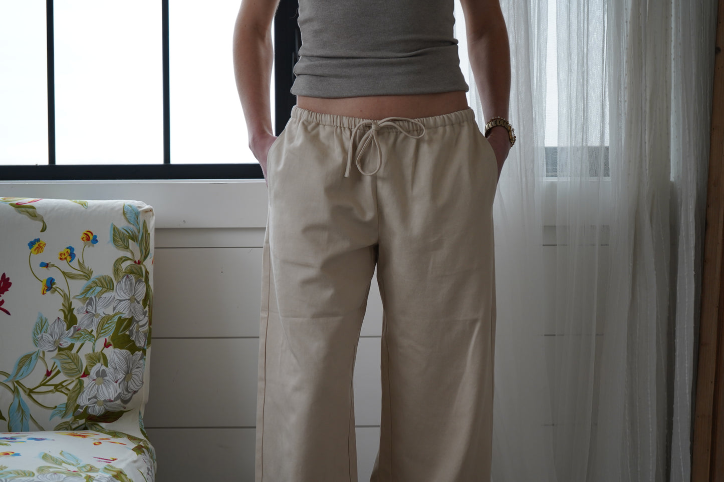 Essential Beige Wide-Leg Drawstring Tencel Cotton Trousers