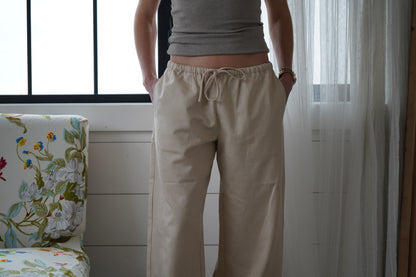 Essential Beige Wide-Leg Drawstring Tencel Cotton Trousers