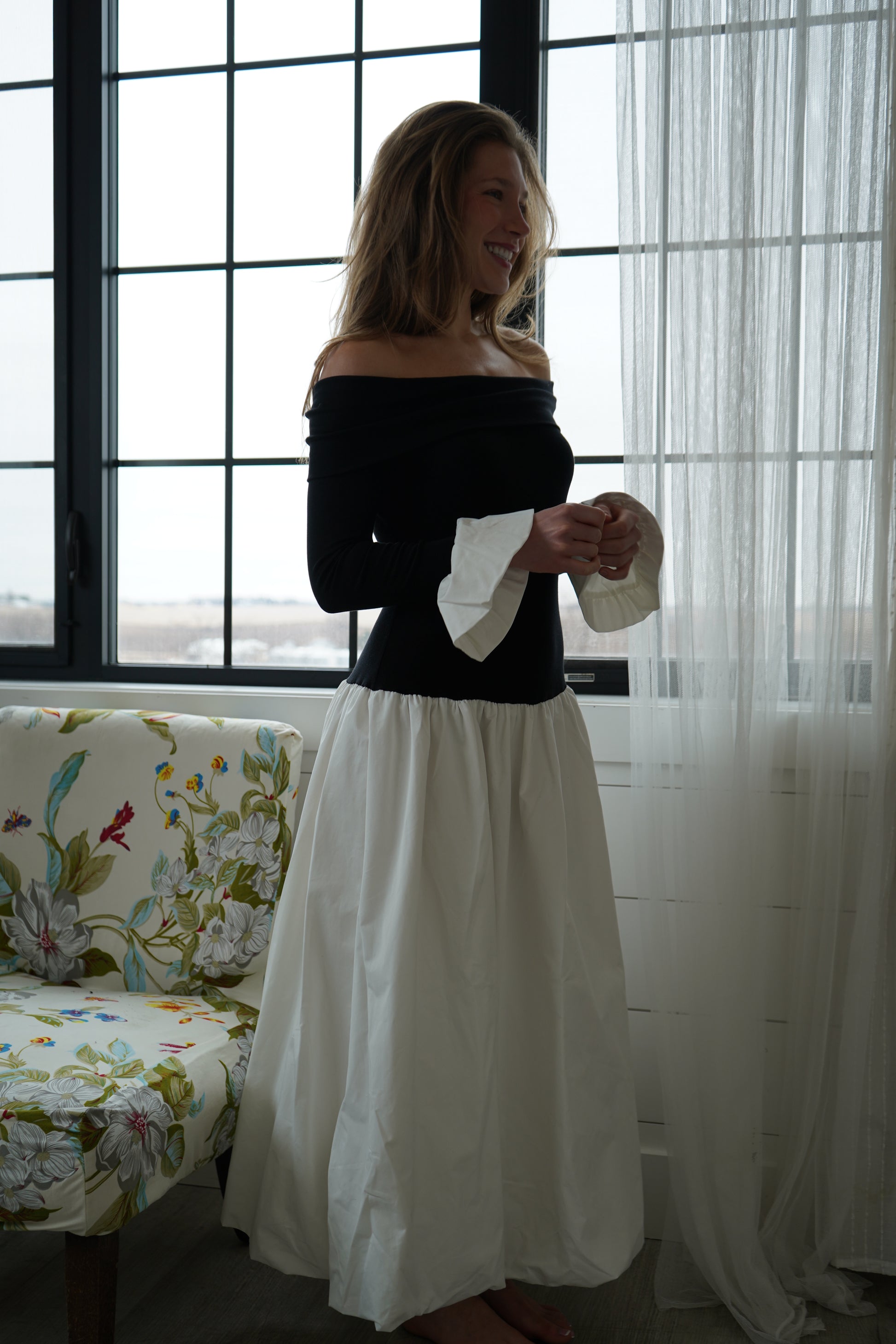 drop waist dress off shoulder Eve Off-Shoulder Black and White Drop Waist Midi Dress – Modista Thirty-One